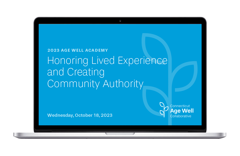 A laptop showing the title slide of the webinar "Honoring Lived Experience and Creating Community Authority"