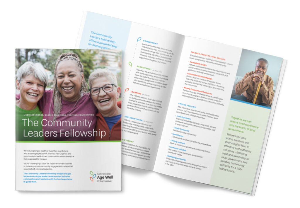 A preview of the cover and an inner spread of the Community Leaders Fellowship brochure