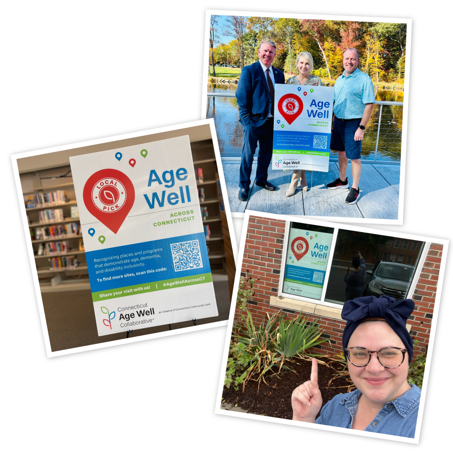 AgeWell Across Connecticut signs onsite at Otis Library, Arnold E. Holm Jr. Memorial Park, and Newtown Senior Center